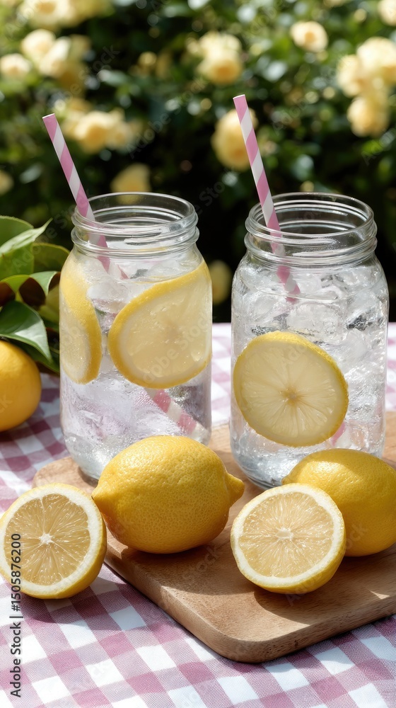 Fototapeta premium Refreshing lemon water in mason jars on a sunny picnic day in vibrant green grass, perfect for summer gatherings and outdoor enjoyment