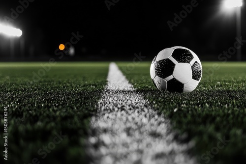 Soccer Ball Resting on a Vibrant Green Field Before a Match.