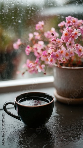 Rainy Day Coffee Moment With Blooming Flowers by the Window