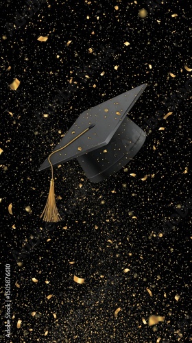 Graduation Cap With Gold Confetti Floating in Dark Background Celebrates Achi...