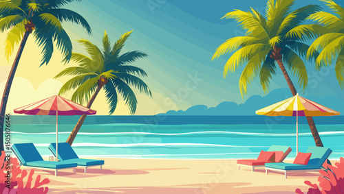 Tropical beach with sun loungers and colorful umbrellas against a serene ocean backdrop