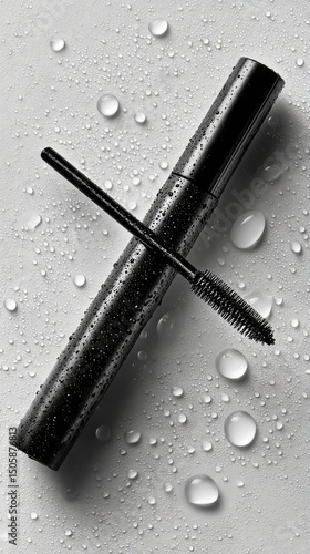 Black Mascara Tube With Brush Positioned on Wet Surface With Water Droplets