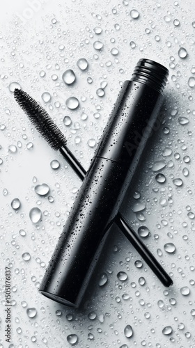 Black Mascara Tube With Brush Positioned on Wet Surface With Water Droplets.