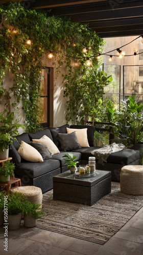 Cozy Outdoor Patio With Comfortable Seating and String Lights in a Serene Gar...