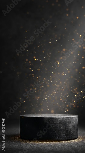 Illuminated Black Pedestal With Golden Particles Floating in Dark Space