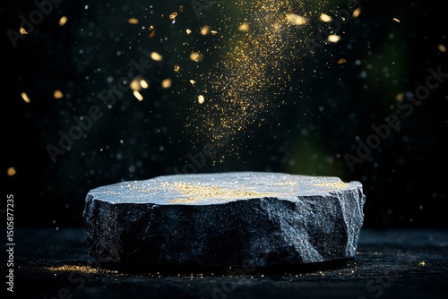 Magical Particles Cascading Over a Textured Stone in a Dark Setting