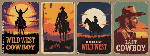 Epic Wild West Cowboy Posters – Rodeo, Lone Riders, Moonlit Cliffs & Gunslingers in Bold Silhouette Western Style	