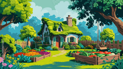 Charming cottage surrounded by a lush garden filled with vegetables and flowers