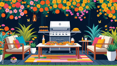 Outdoor barbecue party setup with delicious food and colorful flowers in a garden