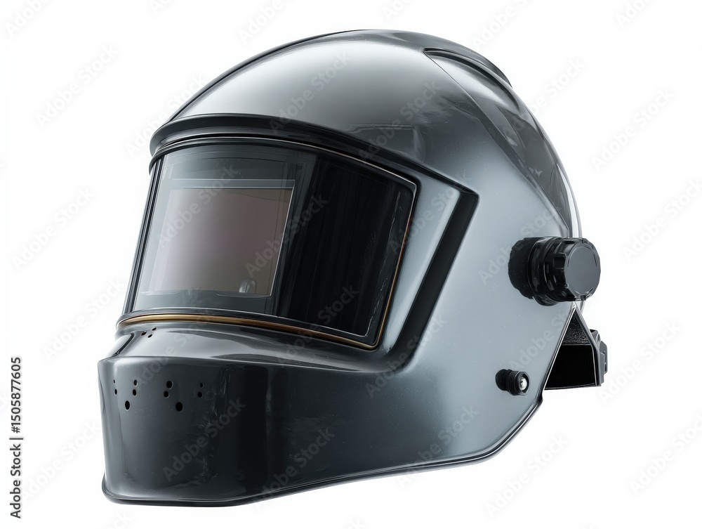 Fototapeta premium Sleek dark gray welding helmet with a clear visor, designed for superior protection.