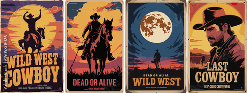 Epic Wild West Cowboy Posters – Rodeo, Lone Riders, Moonlit Cliffs & Gunslingers in Bold Silhouette Western Style	