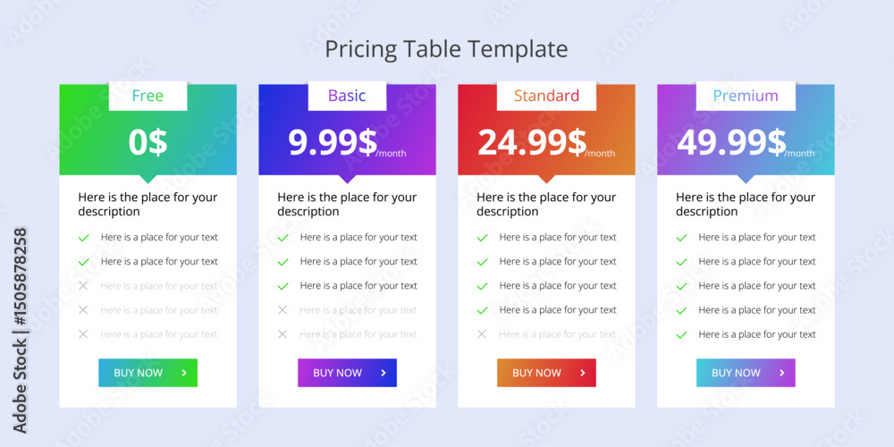 Gradient pricing table template. Gradient pricing table template.