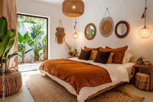 Cozy and Inviting Bedroom With Natural Decor and Outdoor View in a Modern Des...
