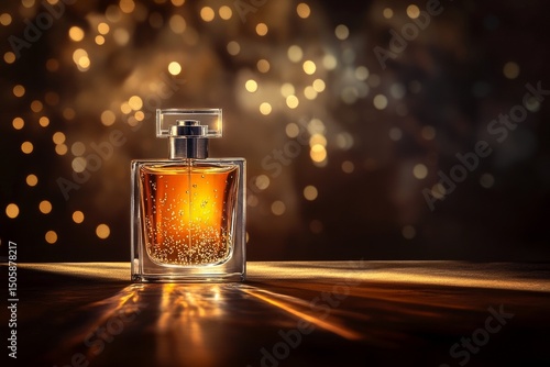 Elegant Perfume Bottle With Sparkling Particles Captured in Low Light Setting.