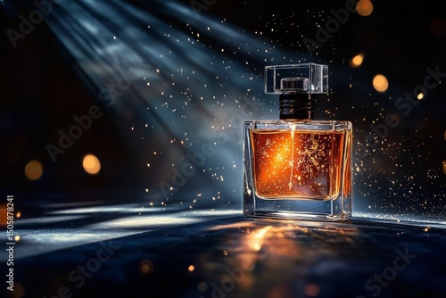 Elegant Perfume Bottle Glows in Soft Forest Light With Shimmering Essence.