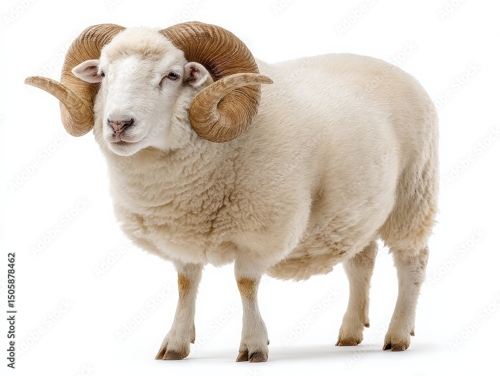Fototapeta premium Majestic ram with large horns, standing against a white background.