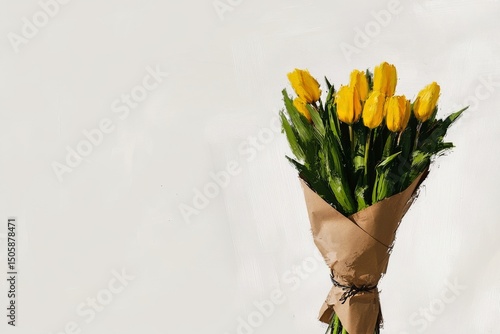 Bright Yellow Tulips and Greenery Wrapped in Kraft Paper for a Cheerful Gift ...