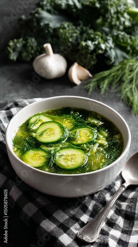 Fresh Cucumber Soup With Herbs and Garlic on a Rustic Kitchen Table.