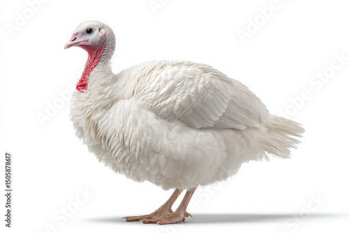 A fluffy white turkey stands against a stark white background.
