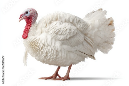 A pristine white turkey, standing majestically against a stark white background.