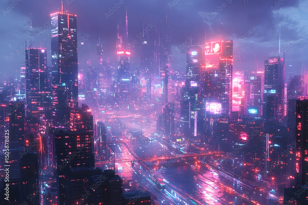A vibrant, futuristic cityscape at night. A vibrant, futuristic cityscape at night.