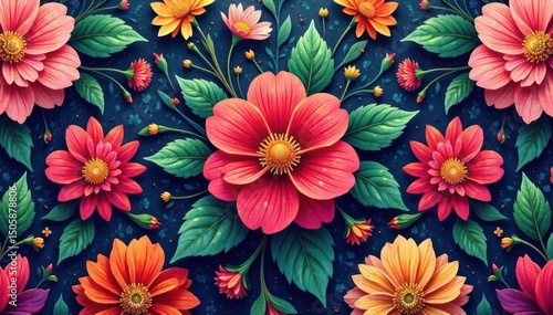 Intricate floral design in vibrant hues, continuously repeating , background, pattern design, leaves