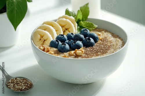 Delicious Healthy Breakfast Bowl With Oatmeal, Bananas, Blueberries, and Nuts