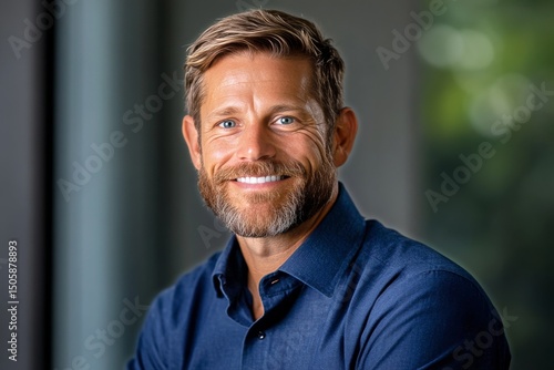 Smiling Man With Beard Posing Indoors With Natural Light in Background