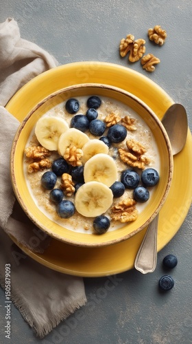 Healthy Breakfast Bowl With Bananas, Blueberries, and Walnuts Served on a Col...