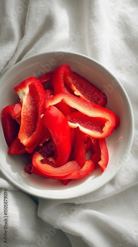 Sliced Red Bell Peppers Arranged in a White Bowl on a Light Cloth Background