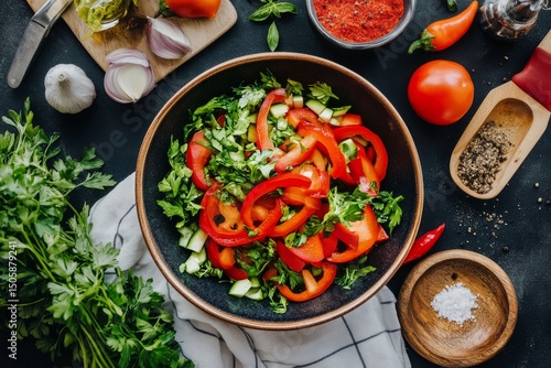 Fresh Vegetable Salad Preparation on a Kitchen Counter With Various Ingredients