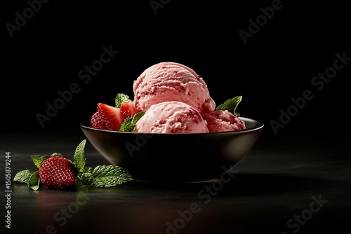 Delicious Strawberry Ice Cream Served in a Black Bowl With Fresh Mint Leaves ...