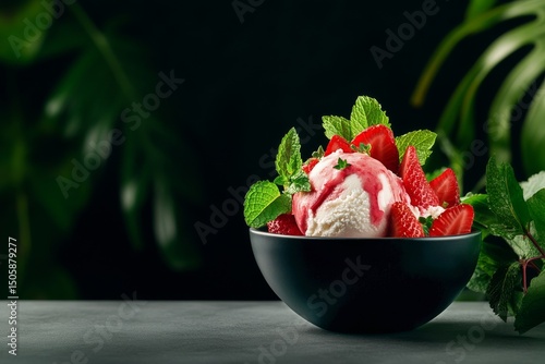 Delicious Strawberry Ice Cream Served in a Black Bowl With Fresh Mint Leaves ...
