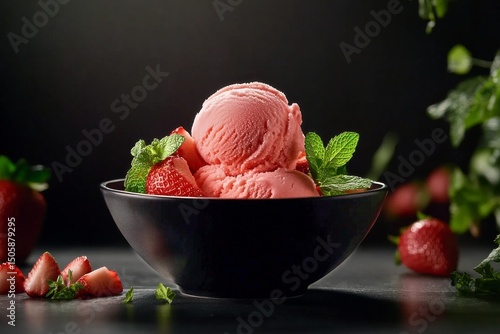 Delicious Strawberry Sorbet Served in a Black Bowl With Fresh Strawberries an...