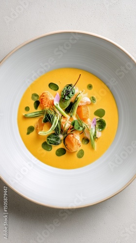 Gourmet Fish Dish With Vibrant Vegetables in Broth Served in Modern Restauran...