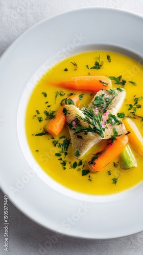 Gourmet Fish Dish With Vibrant Vegetables in Broth Served in Modern Restauran...