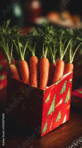 Freshly Harvested Carrots in a Festive Box on a Wooden Table