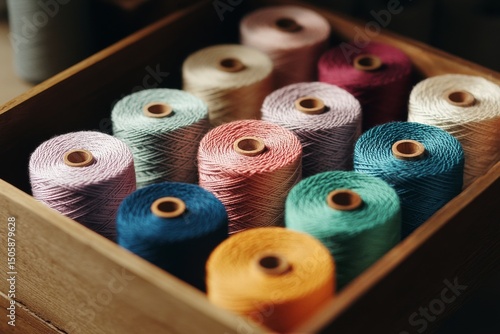 Colorful Spools of Thread Arranged in a Wooden Box for Crafting and Sewing Pr...