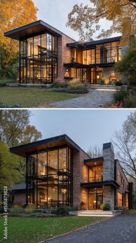 Modern House With Large Windows Surrounded by Autumn Foliage in a Peaceful Se...