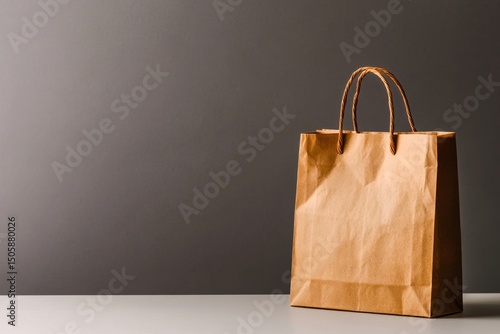 Brown Paper Bag Resting on a White Table Against a Gray Background in a Studi...