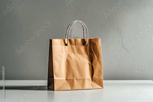Brown Paper Bag Resting on a White Table Against a Gray Background in a Studi...