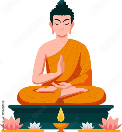 Meditating Buddha statue with lotus flowers