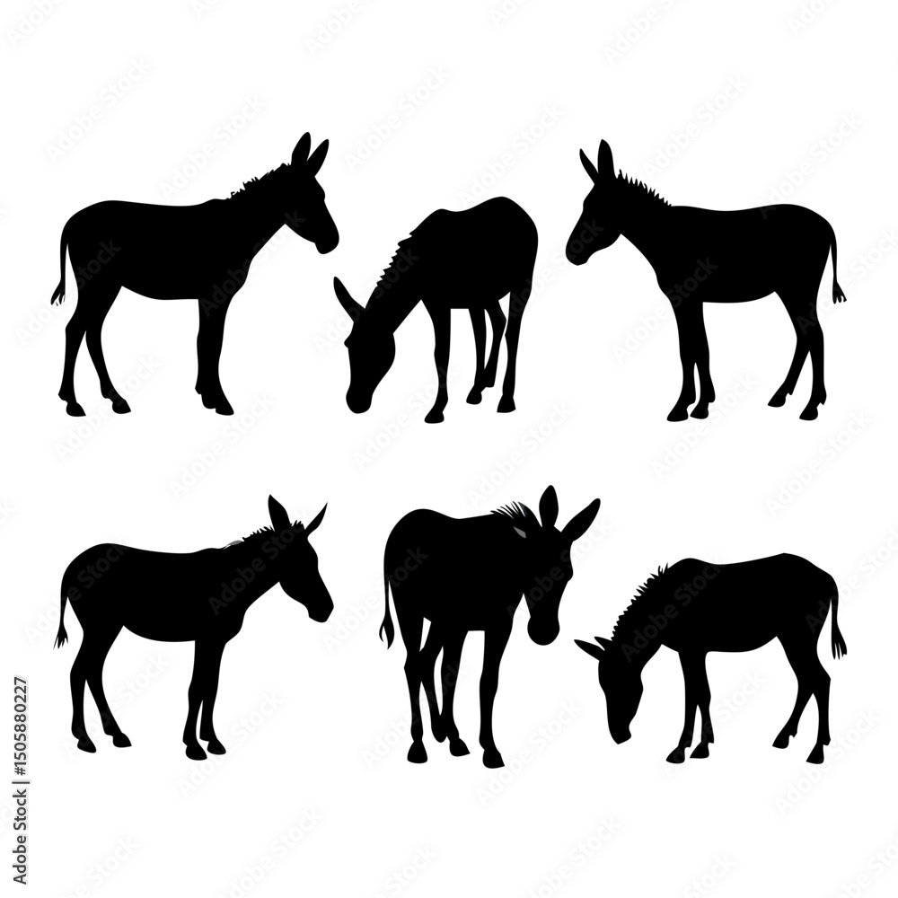Fototapeta premium Donkey Silhouettes in Standing and Grazing Positions – Vector Farm Animal Graphics for Agriculture Art, Rustic Decor, Educational Materials, Livestock Illustrations, and Craft Projects