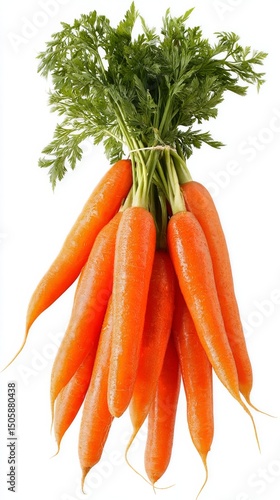 Freshly Harvested Carrots With Vibrant Green Tops Displayed on a White Backgr...