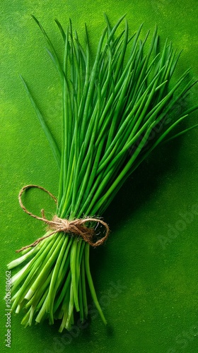 Fresh Chives Tied Together on a Vibrant Green Background Showcasing Natural H...