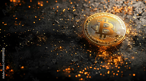 Golden bitcoin coin rests on a dark textured surface.