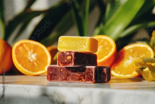 Colorful Frozen Treats Stacked on a Table With Fresh Oranges and Vibrant Gree...