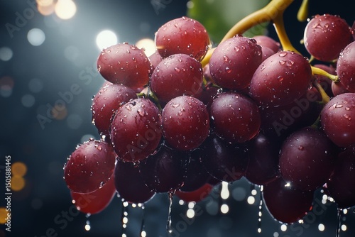 Fresh Red Grapes Glistening With Water Droplets Under Soft Light in a Lush Se...