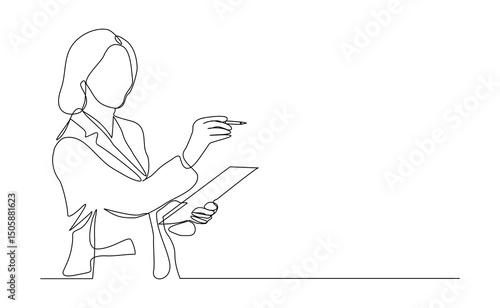 Continuous line drawing of female worker standing while write business note from mentor on paper notes. One single line sketch business woman workshop concept. vector illustration editable stroke
