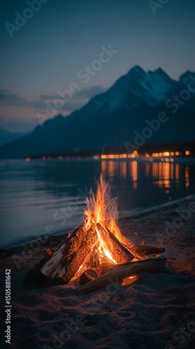Campfire by the Lake During a Serene Twilight With Mountains in the Background.